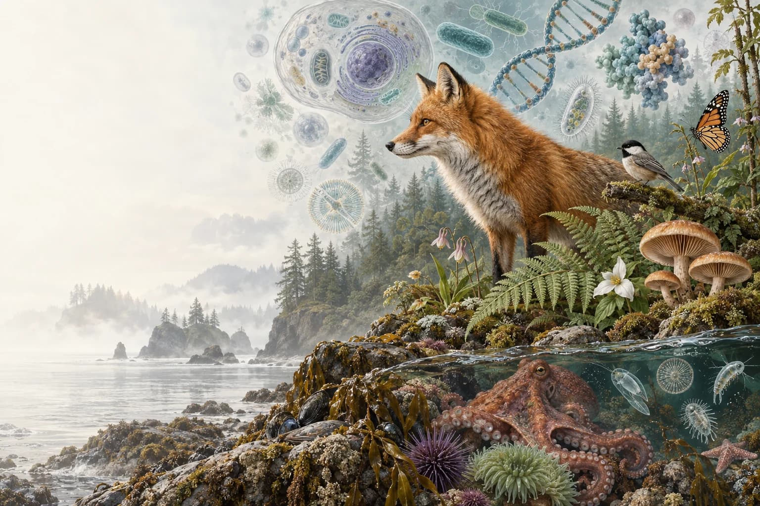 A composition of wildlife, fungi, marine life, microorganisms and molecular biology